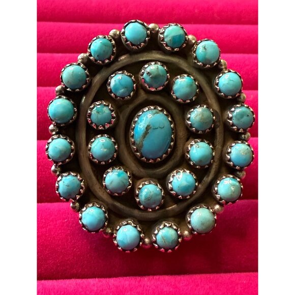 Zuni Sterling Silver Turquoise Snake Eye Petite Point  Statement Ring Size 9 - Picture 2 of 9